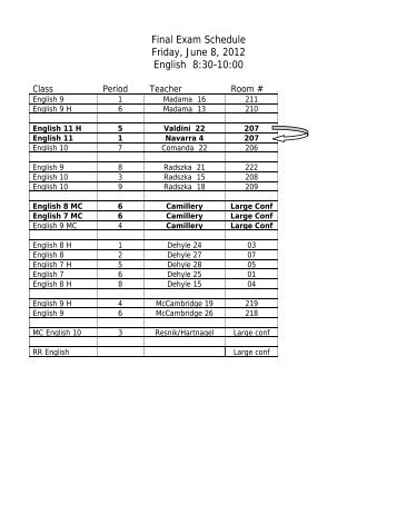 Final Exam Schedule Friday, June 8, 2012 English ... - McGANN Mercy