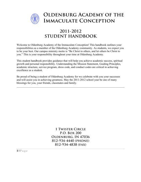 final 11-12 student handbook - Oldenburg Academy