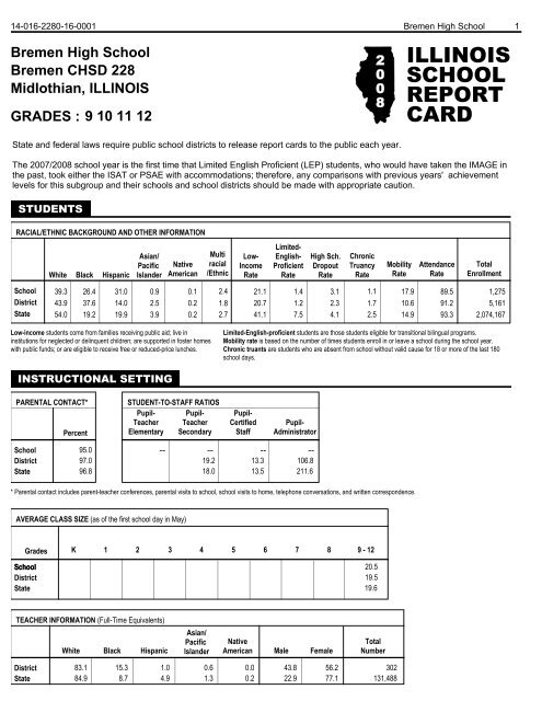 ILLINOIS SCHOOL REPORT CARD - Bremen High School District 228