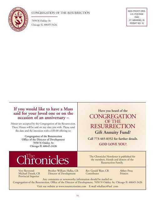 Chronicles - Congregation of the Resurrection, Priests, Brothers ...