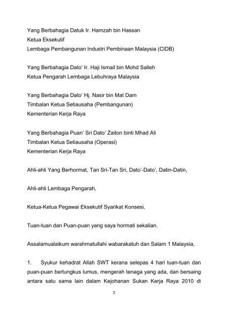 ucapan perasmian pembukaan - Kementerian Kerja Raya Malaysia