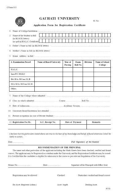 Application Form for Registration Certificate - Gauhati University