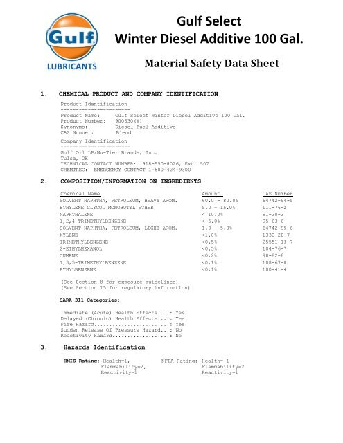 Material Safety Data Sheet Gulf Select Winter Diesel Additive 100 Gal.