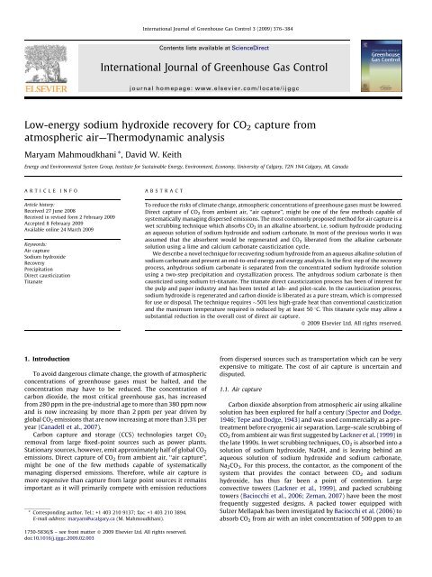 Low-energy sodium hydroxide recovery for CO2 ... - David Keith