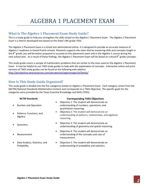 Algebra 1 Placement Exam Study Guide - Grand Prairie ...