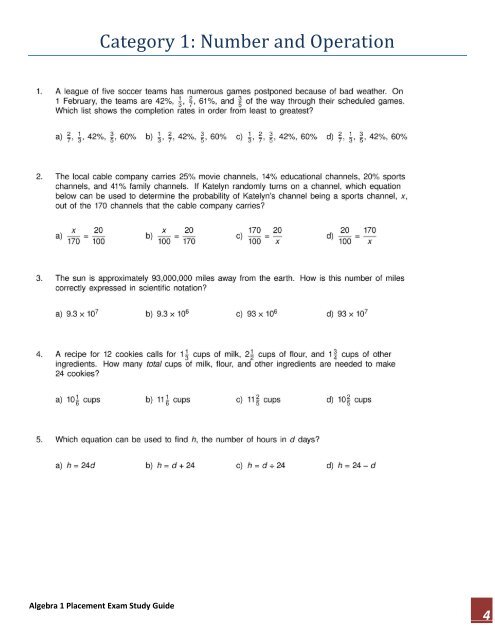 Algebra 1 Placement Exam Study Guide - Grand Prairie ...