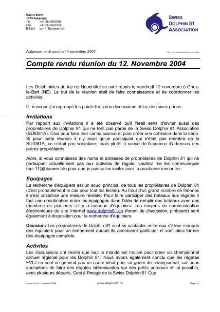 Compte rendu rÃ©union du 12. Novembre 2004 - Swiss Dolphin 81 ...
