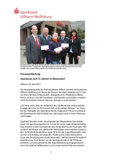 Pressemitteilung Sparkasse seit 75 Jahren in Wesendorf