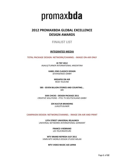 2012 PROMAXBDA GLOBAL EXCELLENCE DESIGN AWARDS ...