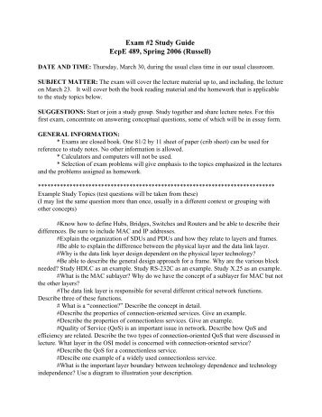 Exam #2 Study Guide EcpE 489, Spring 2006 (Russell)