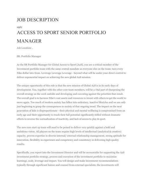 job description access to sport senior portfolio manager - Students