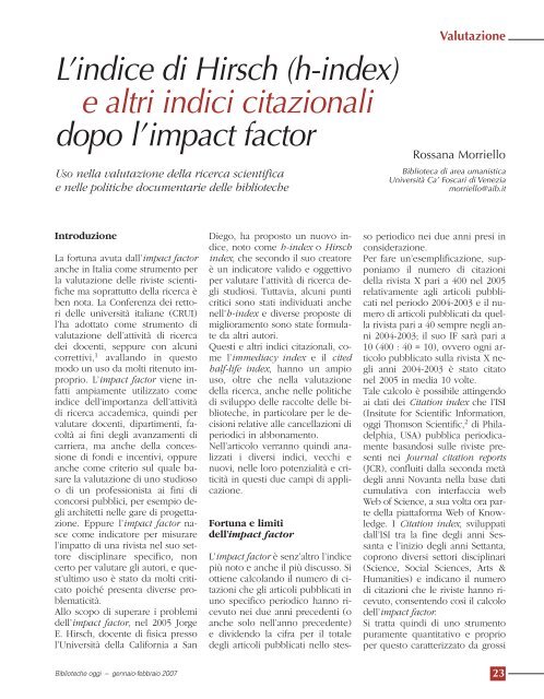 L'indice di Hirsch (h-index) e altri indici citazionali ... - Biblioteche oggi