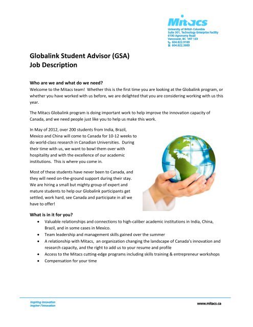 Globalink Student Advisor Gsa Job Description Mitacs