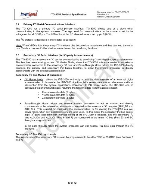 ITG-3050 Product Specification Revision 1.3 - InvenSense