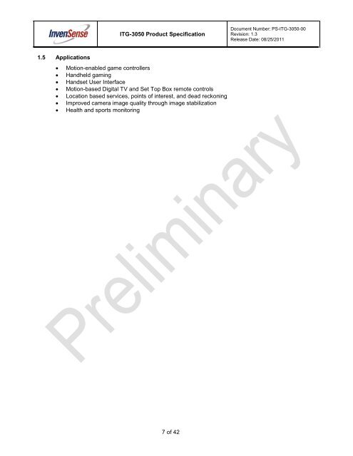 ITG-3050 Product Specification Revision 1.3 - InvenSense