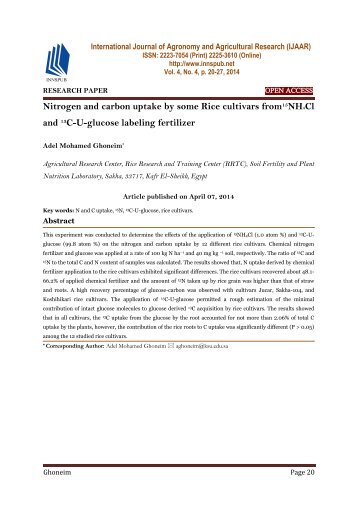 Nitrogen and carbon uptake by some Rice cultivars from15NH4Cl and 13C-U-glucose labeling fertilizer