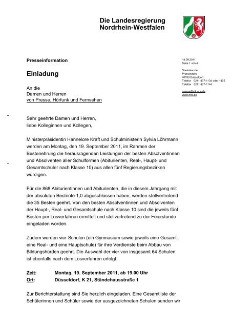 Die Landesregierung Nordrhein-Westfalen Einladung