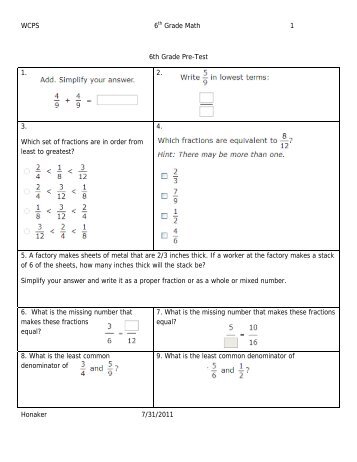 6th Grade Math Pretest