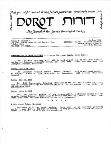 6:3 Spring 1985 - Jewish Genealogical Society
