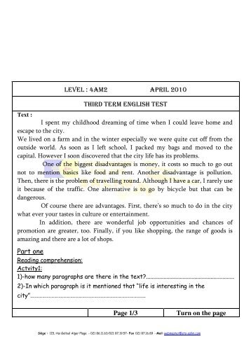 LEVEL : 4AM2 APRIL 2010 THIRD TERM ENGLISH TEST Part one ...
