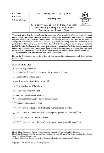 Reliability Evaluation of Power System Considering Voltage Stability ...
