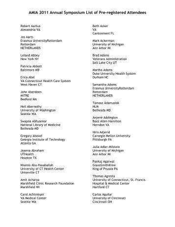 AMIA 2011 Annual Symposium List of Pre-registered Attendees