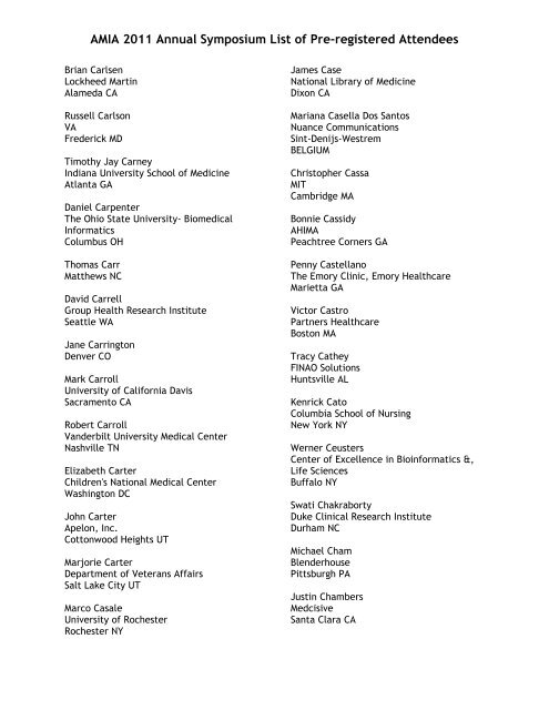 AMIA 2011 Annual Symposium List of Pre-registered Attendees