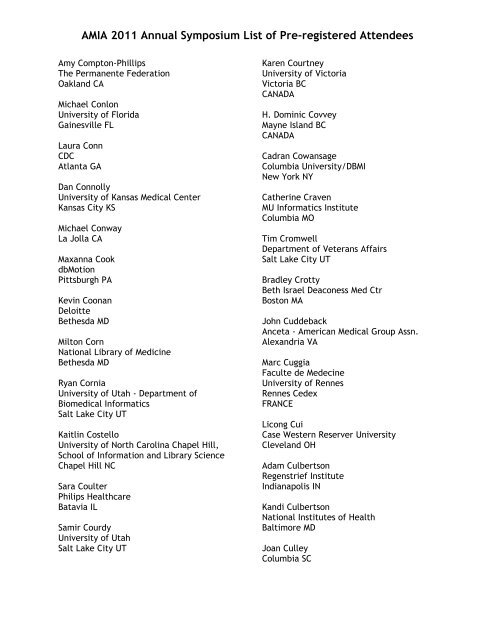 AMIA 2011 Annual Symposium List of Pre-registered Attendees