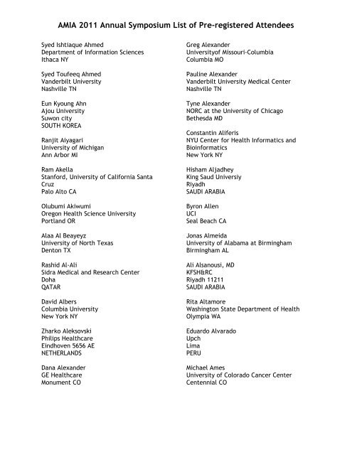 AMIA 2011 Annual Symposium List of Pre-registered Attendees