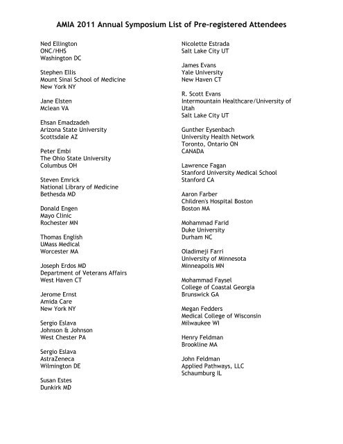 AMIA 2011 Annual Symposium List of Pre-registered Attendees