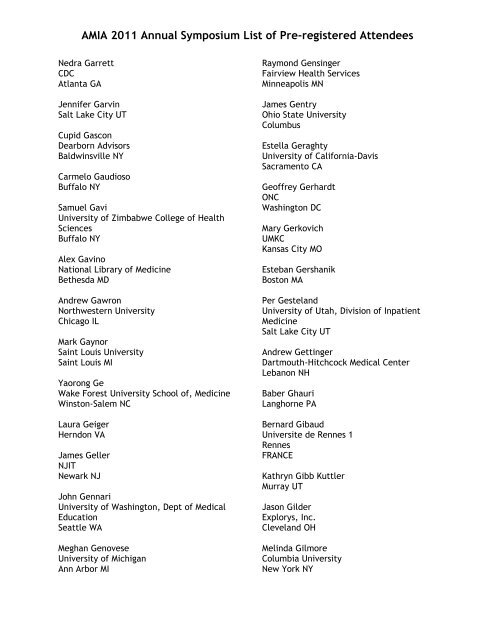 AMIA 2011 Annual Symposium List of Pre-registered Attendees