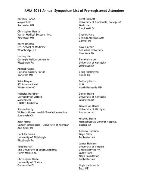 AMIA 2011 Annual Symposium List of Pre-registered Attendees