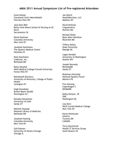 AMIA 2011 Annual Symposium List of Pre-registered Attendees