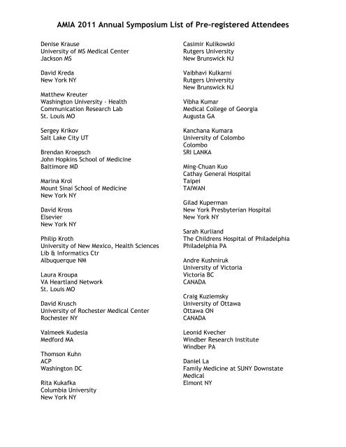 AMIA 2011 Annual Symposium List of Pre-registered Attendees