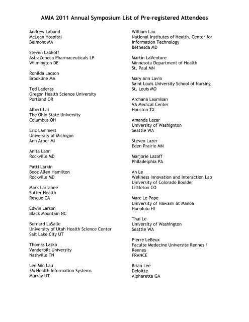 AMIA 2011 Annual Symposium List of Pre-registered Attendees