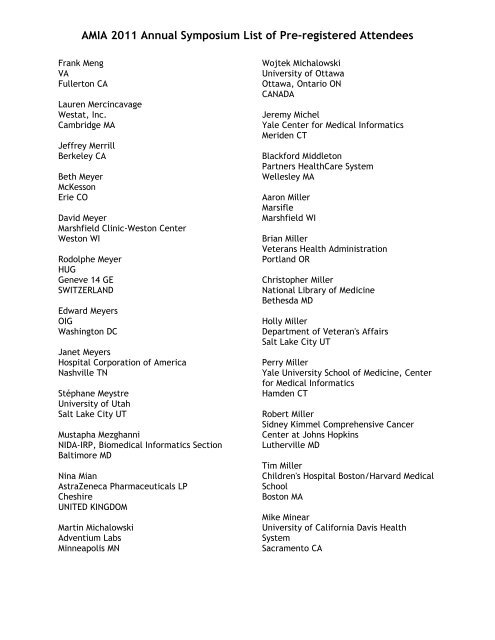 AMIA 2011 Annual Symposium List of Pre-registered Attendees