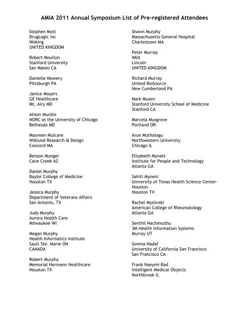 AMIA 2011 Annual Symposium List of Pre-registered Attendees