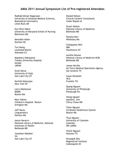 AMIA 2011 Annual Symposium List of Pre-registered Attendees