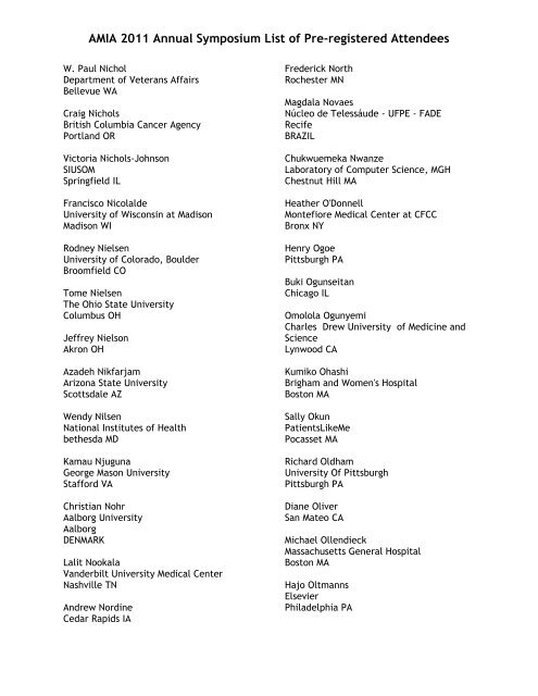 AMIA 2011 Annual Symposium List of Pre-registered Attendees