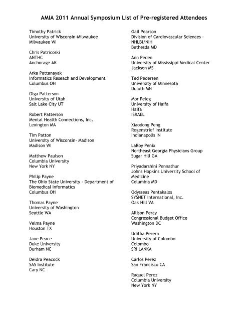 AMIA 2011 Annual Symposium List of Pre-registered Attendees