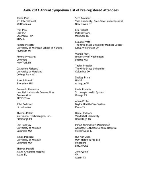 AMIA 2011 Annual Symposium List of Pre-registered Attendees