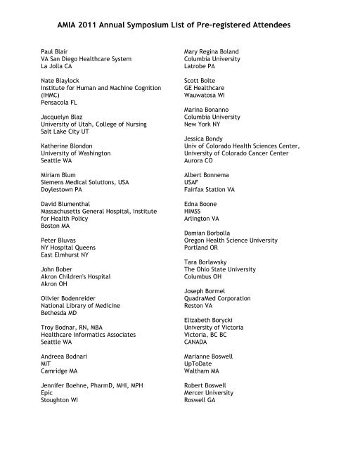 AMIA 2011 Annual Symposium List of Pre-registered Attendees