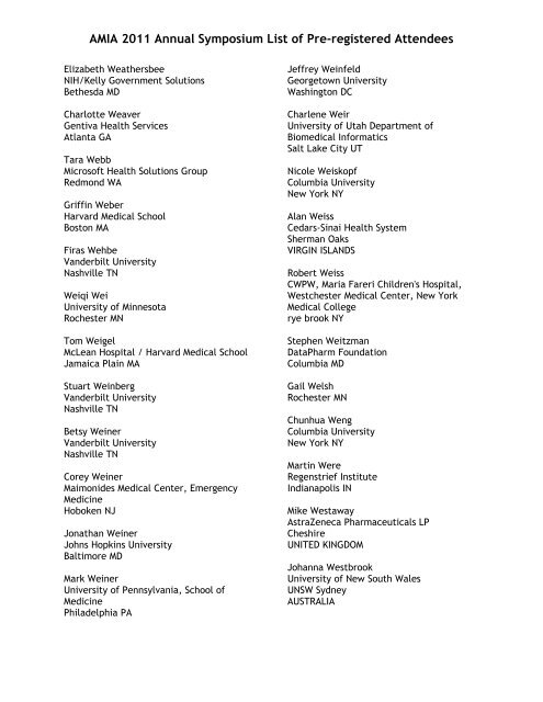 AMIA 2011 Annual Symposium List of Pre-registered Attendees