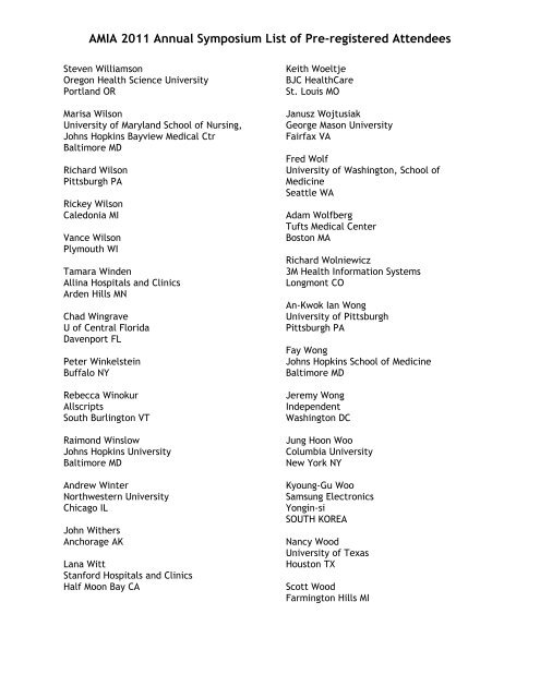 AMIA 2011 Annual Symposium List of Pre-registered Attendees