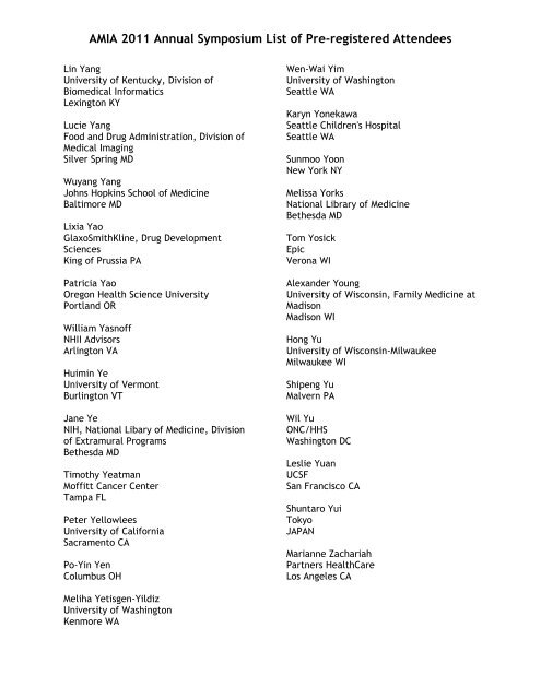 AMIA 2011 Annual Symposium List of Pre-registered Attendees