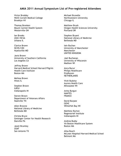 AMIA 2011 Annual Symposium List of Pre-registered Attendees