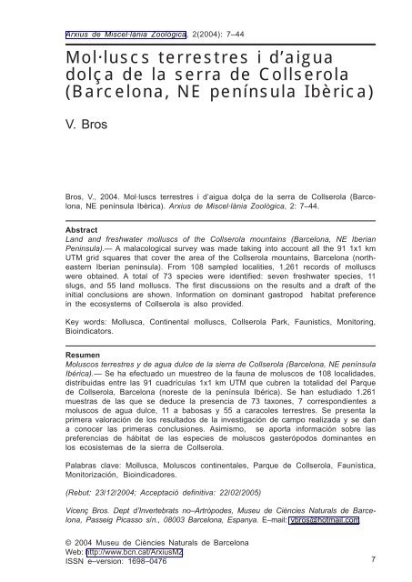 Mol·luscs terrestres i d'aigua dolça de la serra de Collserola ... - Raco