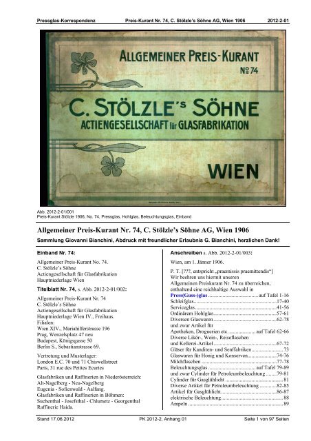 Allgemeiner Preis-Kurant Nr. 74, C. Stölzle's Söhne AG, Wien 1906