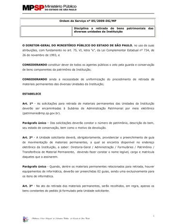 Ordem de Serviço nº 05/2009-DG/MP Disciplina a retirada de bens ...