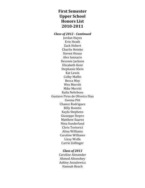 First Semester Upper School Honors List 2010-2011 - Tampa ...